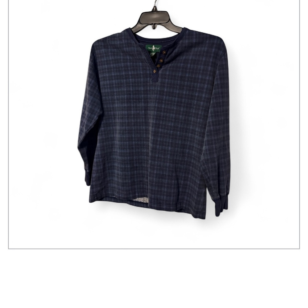 Hunt Club Men’s Navy Plaid Henley Shirt Size Medium